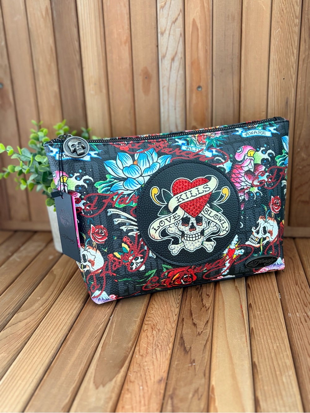Ed Hardy “Love Kills Slowly” Cosmetic Case, Skull Makeup Travel Bag, Tattoo Art